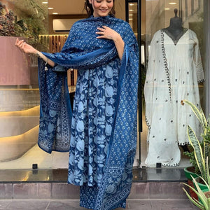 Beautiful Floral Printed Cotton 3-Piece Set (Kurta, Pant & Dupatta)