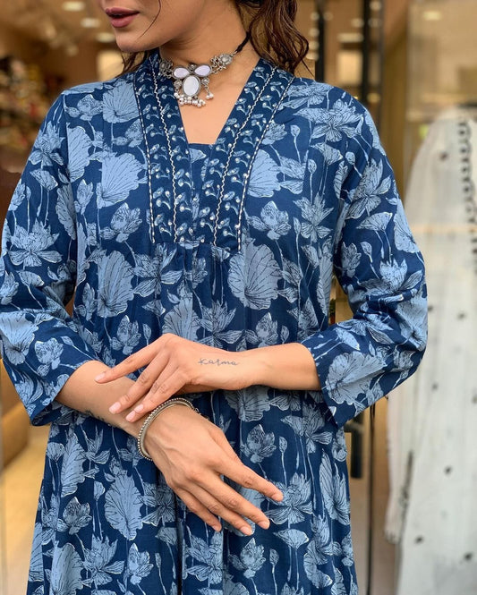 Beautiful Floral Printed Cotton 3-Piece Set (Kurta, Pant & Dupatta)