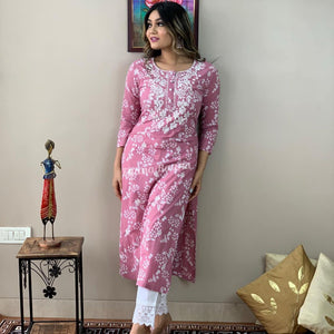 Rayon Embroidered Kurta and Pant Set Pink
