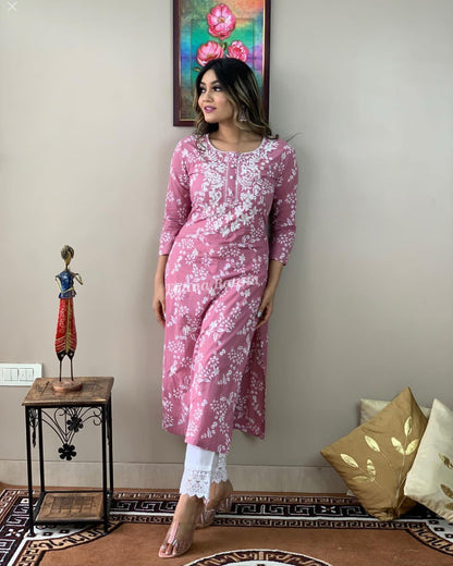 Rayon Embroidered Kurta and Pant Set Pink