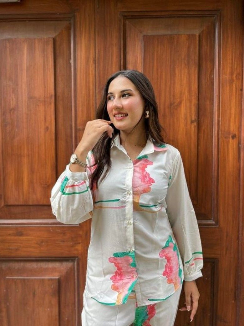 Women’s Fashionable Printed Muslin White-Blue Kurti with Pant – Co-ord Set by Kyra Fashion