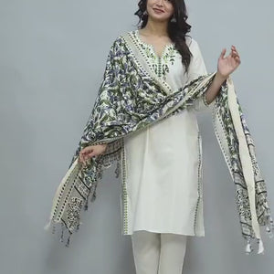 Khadi Cotton Cream  Embroidery Suit Set