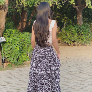 Square Neck White Crop Top with Black Printed Skirt