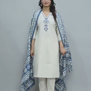 Khadi Cotton Blue Embroidery Suit Set